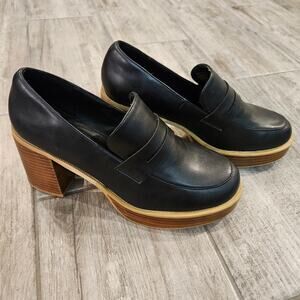 Oasis Society Platform Heeled Loafers Womens 8.5 Black Chunky Block Heel Retro
